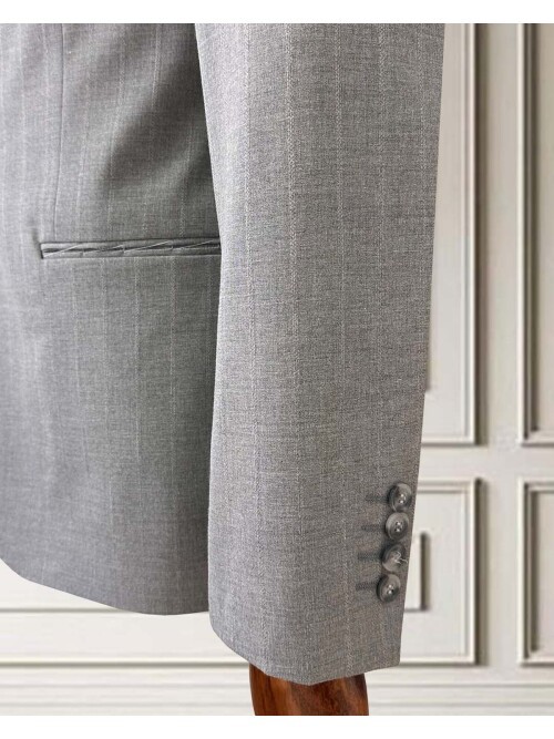 Grey Pinstripe Two-Button Suit - Notch Lapel with Pick Stitching Detail