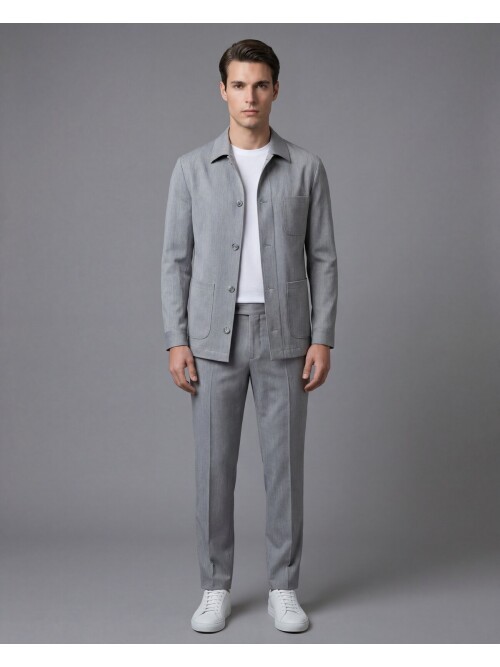 Gri Gömlek Yaka Düğmeli Torba Cepli Takım