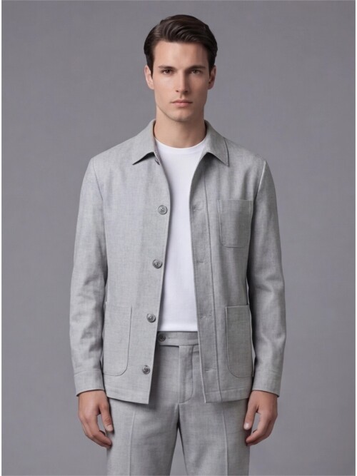 Gri Gömlek Yaka Düğmeli Torba Cepli Takım