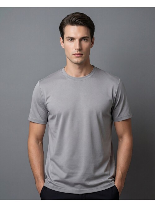 Gri Melanj Basic Bisiklet Yaka Kısa Kollu T-shirt