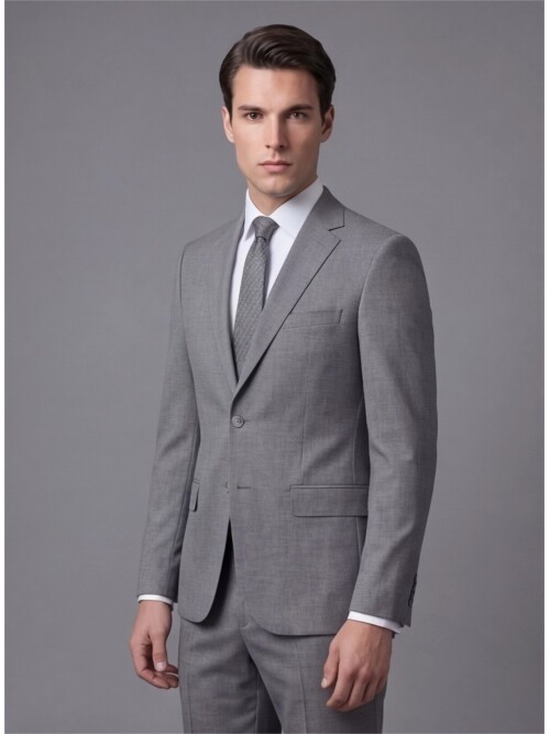 Gri Mono Yaka İki Düğmeli Takım Elbise