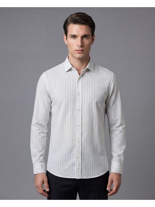 Haki Çizgili Regular Fit Uzun Kollu Gömlek