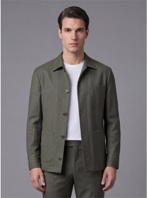 Haki Gömlek Yaka Düğmeli Torba Cepli Takım