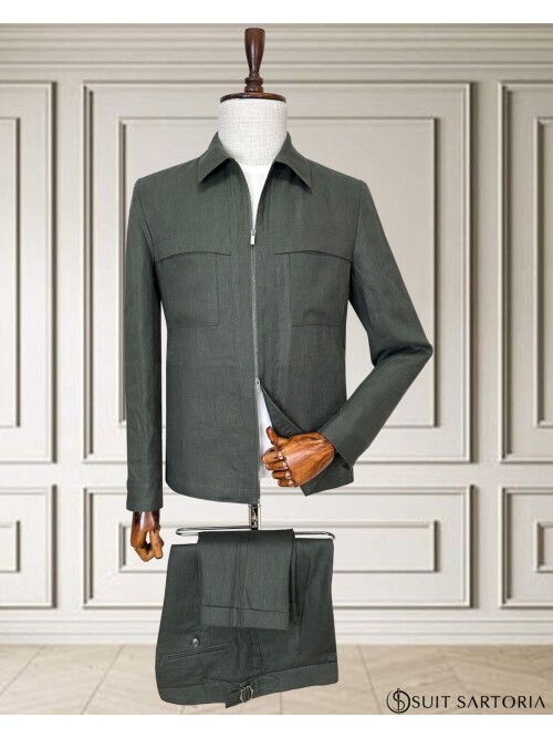 Haki Keten Safari Takım Elbise