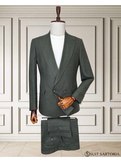 Haki Sivri Yaka 2 Düğme Keten Takım Elbise