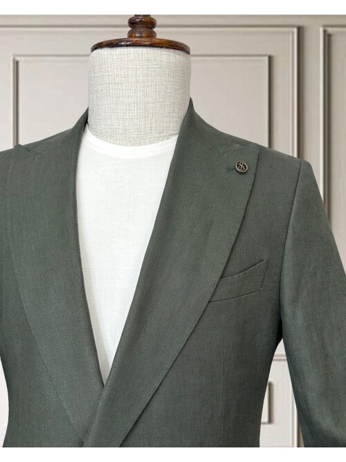 Haki Sivri Yaka 2 Düğme Keten Takım Elbise