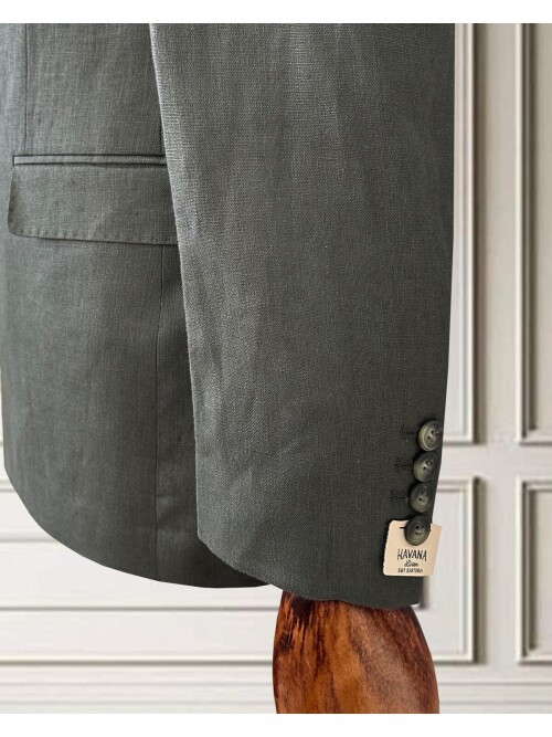 Haki Sivri Yaka 4 Düğme Keten Takım Elbise