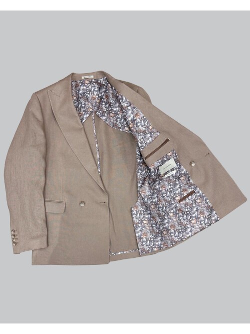 Kahverengi Sivri Yaka 2 Düğme Keten Takım Elbise