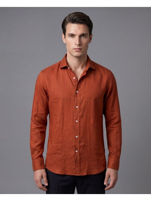 Kiremit Premium Keten Regular Fit Uzun Kollu Gömlek