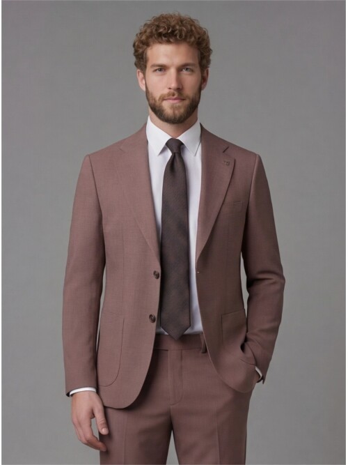 Brick Red Slim Fit Notch Lapel Suit with Patch Pockets