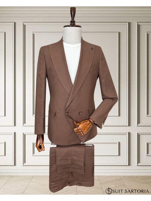 Kiremit Sivri Yaka 2 Düğme Keten Takım Elbise