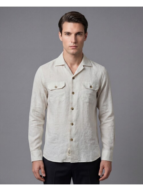Kırık Beyaz Keten Kapaklı Cep Regular Fit Uzun Kollu Gömlek
