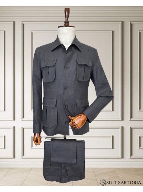 Koyu Gri Keten Safari Model Dört Cepli Takım Elbise