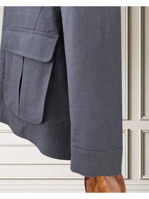 Koyu Gri Keten Safari Model Dört Cepli Takım Elbise