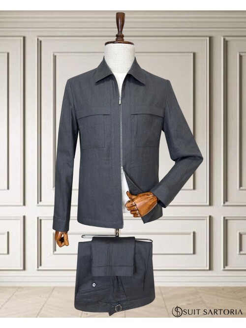 Koyu Gri Keten Safari Takım Elbise