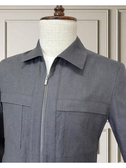 Koyu Gri Keten Safari Takım Elbise