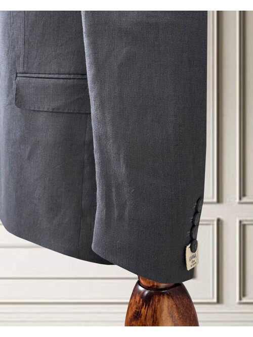 Koyu Gri Sivri Yaka 2 Düğme Keten Takım Elbise