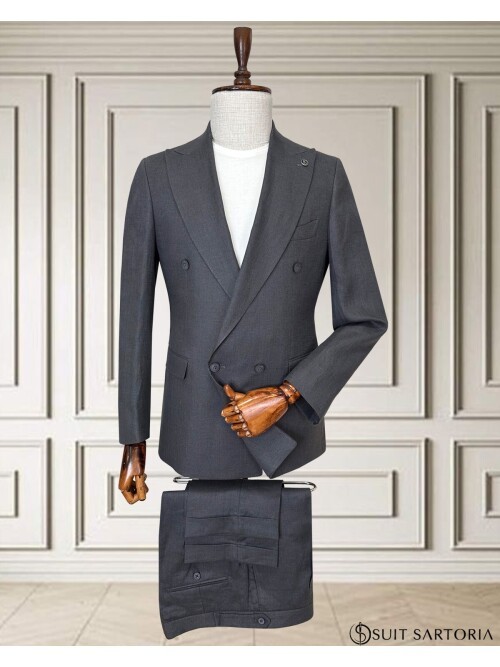 Koyu Gri Sivri Yaka 4 Düğme Keten Takım Elbise