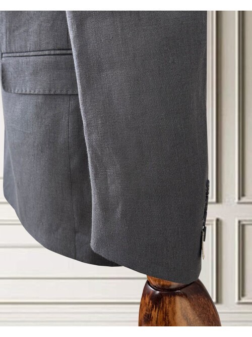 Koyu Gri Sivri Yaka 4 Düğme Keten Takım Elbise