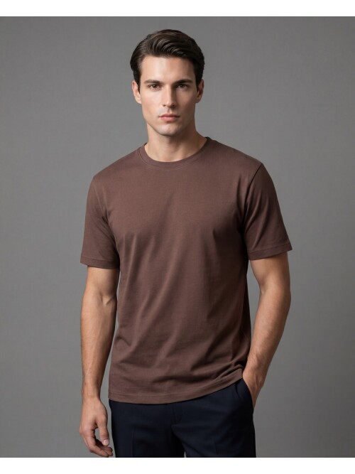 Koyu Kahverengi Basic Bisiklet Yaka Kısa Kollu T-shirt