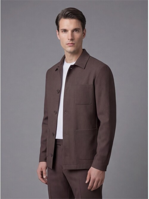 Koyu Kahverengi Gömlek Yaka Düğmeli Torba Cepli Takım