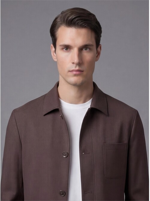 Koyu Kahverengi Gömlek Yaka Düğmeli Torba Cepli Takım