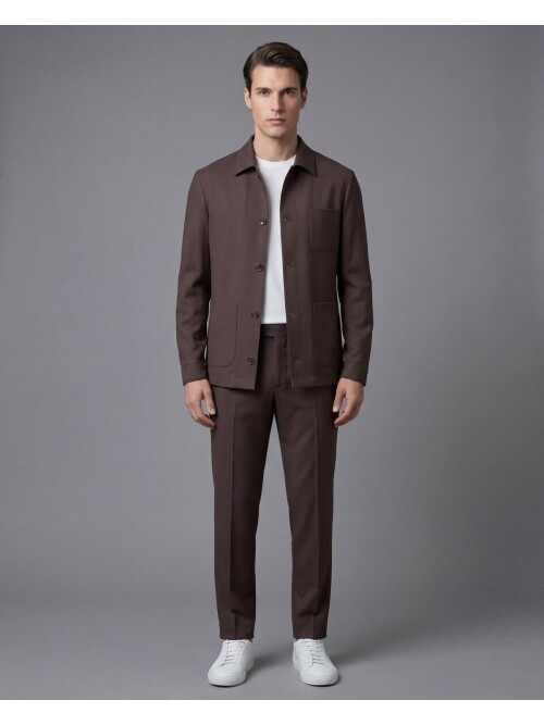 Koyu Kahverengi Gömlek Yaka Düğmeli Torba Cepli Takım