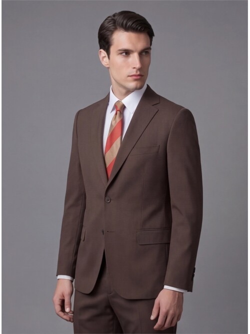 Koyu Kahverengi Mono Yaka İki Düğmeli Takım Elbise