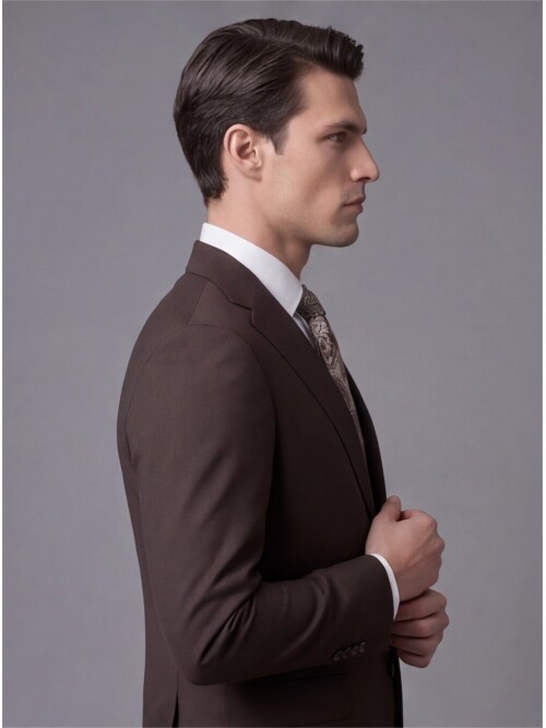 Koyu Kahverengi Mono Yaka İki Düğmeli Takım Elbise