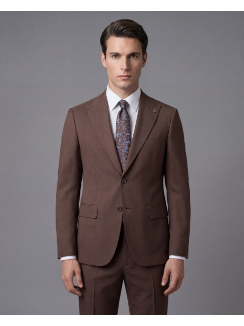 Koyu Kahverengi Sivri Yaka İki Düğmeli Slim Fit Takım Elbise