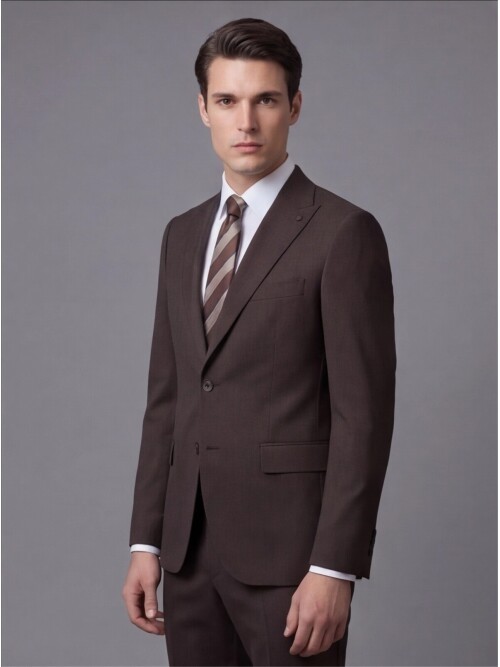 Koyu Kahverengi Sivri Yaka İki Düğmeli Slim Fit Takım Elbise