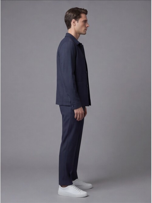 Koyu Mavi Gömlek Yaka Düğmeli Torba Cepli Takım