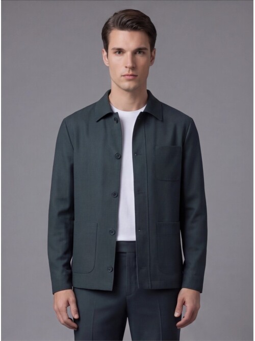 Dark Green Shirt Collar Buttoned Patch Pocket Suit