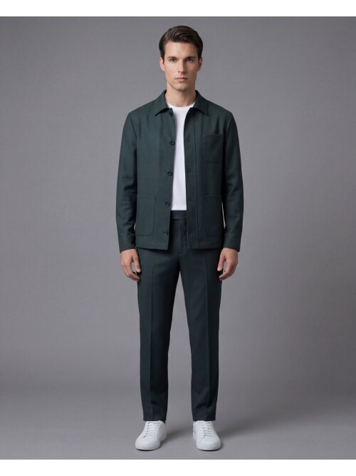 Dark Green Shirt Collar Buttoned Patch Pocket Suit