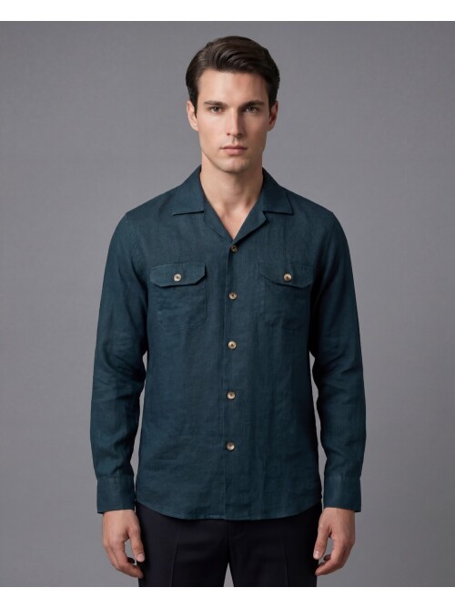 Koyu Yeşil Keten Kapaklı Cep Regular Fit Uzun Kollu Gömlek