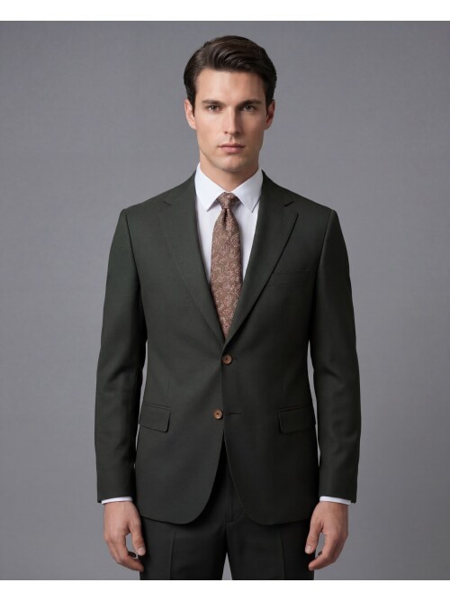 Koyu Yeşil Mono Yaka İki Düğmeli Takım Elbise