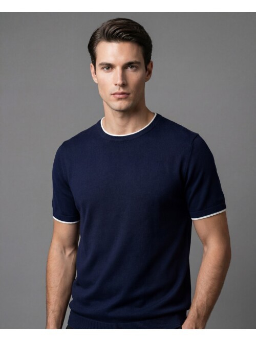 Lacivert Bisiklet Yaka Kısa Kollu Triko