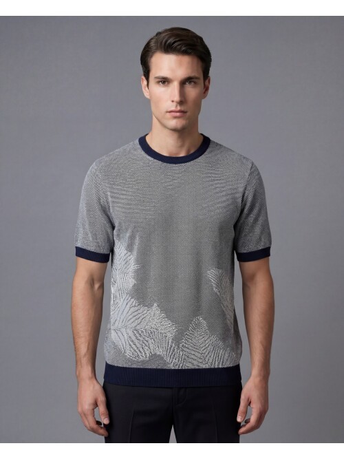 Lacivert Bisiklet Yaka Yaprak Desenli Kısa Kollu Triko Tişört