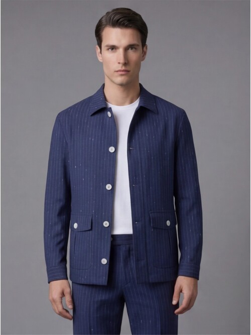 Lacivert Çizgili Gömlek Yaka Düğmeli Torba Cepli Takım