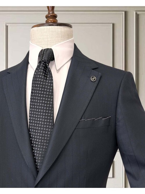 Navy Blue Pinstripe Two-Button Suit - Notch Lapel with Pick Stitching Detail