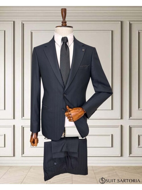 Navy Blue Pinstripe Two-Button Suit - Notch Lapel with Pick Stitching Detail