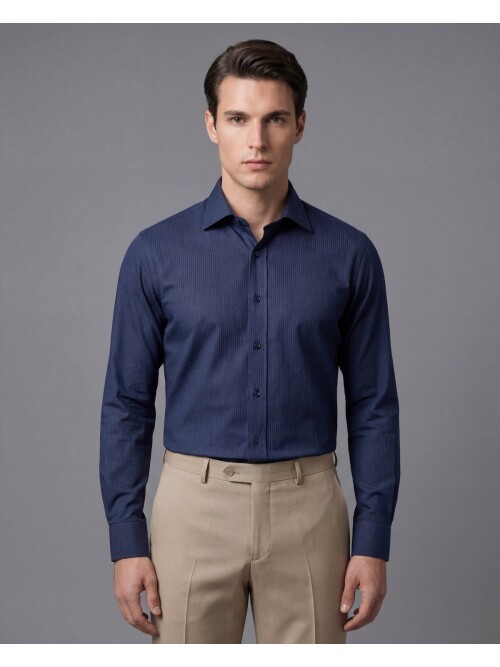 Lacivert Çizgili Uzun Kollu Slim Fit Sivri Yaka Gömlek
