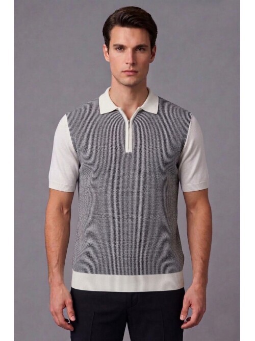 Lacivert Desenli Fermuarlı Polo Yaka Kısa Kollu Triko