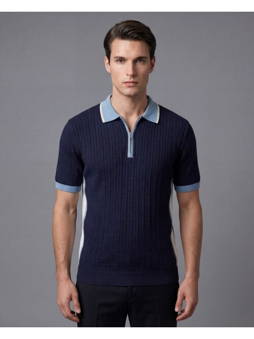 Lacivert Fermuarlı Polo Yaka Baklava Desenli Triko Tişört