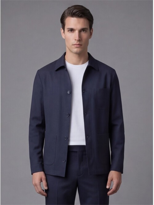 Lacivert Gömlek Yaka Düğmeli Torba Cepli Takım