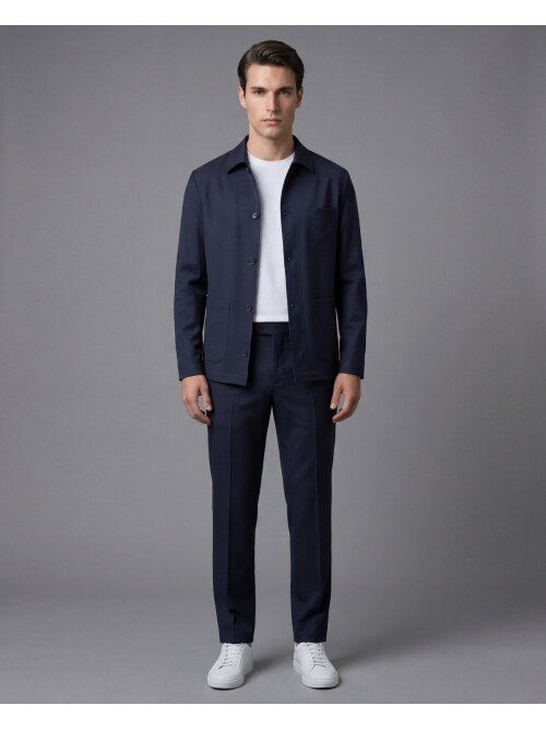 Lacivert Gömlek Yaka Düğmeli Torba Cepli Takım