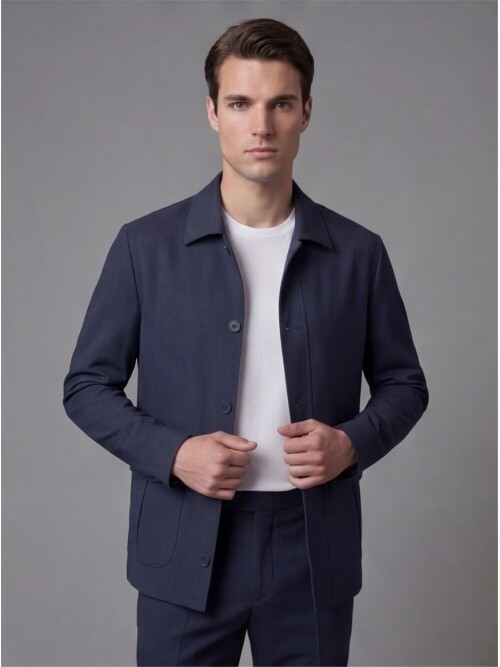 Lacivert Gömlek Yaka Düğmeli Torba Cepli Takım