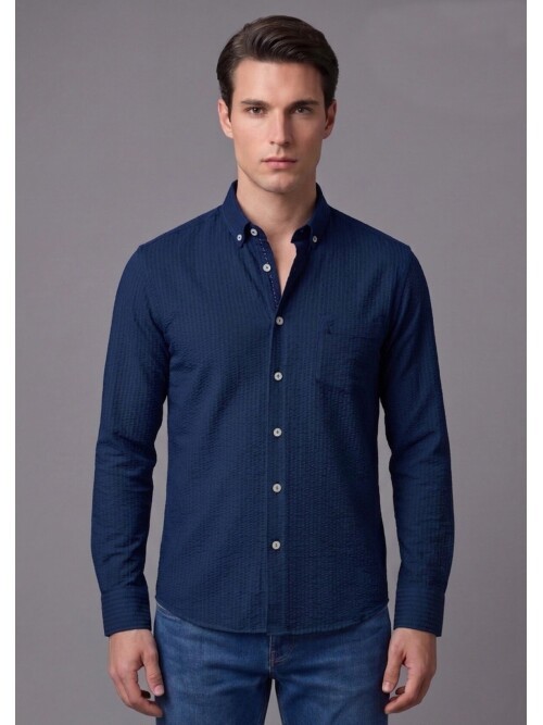 Lacivert Kendinden Desenli Slim Fit Uzun Kollu Erkek Gömlek