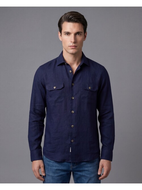 Lacivert Keten Kapaklı Cep Regular Fit Uzun Kollu Gömlek