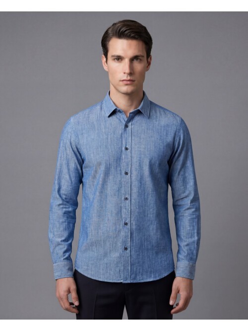 Lacivert Mikro Desenli Regular Fit Uzun Kollu Gömlek